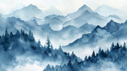 Foggy Watercolor Landscape with Mountains, Hills, and Trees Generative AI