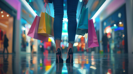 woman is seen from behind walking away from the camera, holding multiple colorful shopping bags.