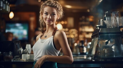 Behind the cafe counter, the charming blonde barista exudes warmth, creativity and professionalism - the perfect combination for a thriving business. - obrazy, fototapety, plakaty