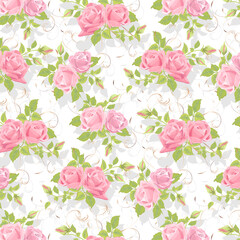 Roses with shadows in a pattern.Bouquet of elegant roses with decor on a white background in a vector pattern.