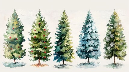 Obraz premium Hand Drawn Watercolor Christmas Tree Set Generative AI