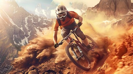 Mountain biker speeding through a dusty trail with dramatic backdrop
