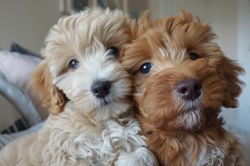 Close-up portrait of two adorable fluffy puppies