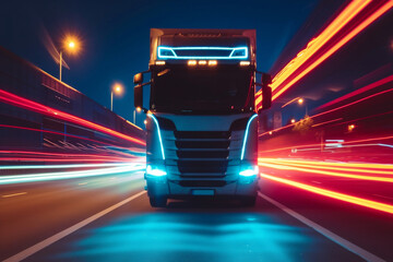 Moving truck on highway in night time. Motion blur, light trails. Transportation, logistic. Timelapse, hyperlapse of transportation. Abstract soft glowing lines
