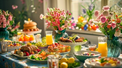 A beautifully set Easter brunch table with colorful Easter eggs, fresh flowers, and a delicious spread of festive dishes