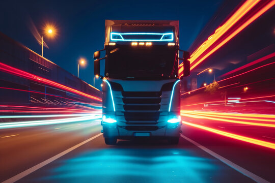 Moving truck on highway in night time. Motion blur, light trails. Transportation, logistic. Timelapse, hyperlapse of transportation. Abstract soft glowing lines