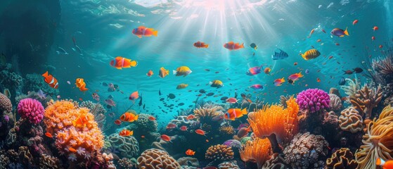 A dazzling underwater scape teeming with life, highlighted by the sun's rays piercing through the water. Vibrant coral formations create a bustling habitat for a variety of tropical fish