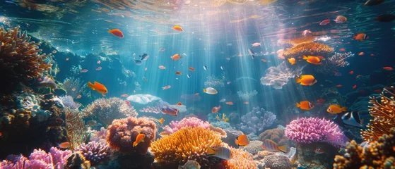 Fotobehang A dazzling underwater scape teeming with life, highlighted by the sun's rays piercing through the water. Vibrant coral formations create a bustling habitat for a variety of tropical fish © Nakarin