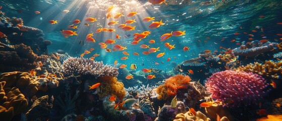 A dazzling underwater scape teeming with life, highlighted by the sun's rays piercing through the water. Vibrant coral formations create a bustling habitat for a variety of tropical fish - obrazy, fototapety, plakaty