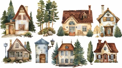 Hand-drawn Watercolor Collection of Isolated Cottages and Old Buildings with Trees and Lamps Generative AI - obrazy, fototapety, plakaty