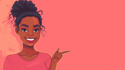 A black woman in a pink shirt points with her hand to a space for a discounted price