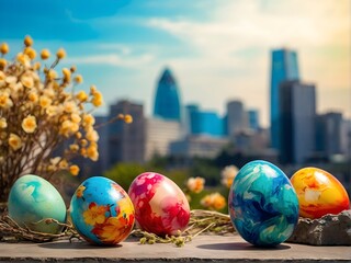 For Easter, colored eggs with a drawing on the background of the city