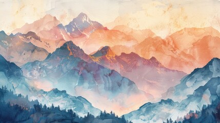 Light Watercolor Painting of Majestic Mountains Generative AI