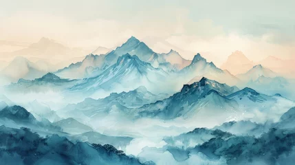 Fototapeten Light Watercolor Painting of Majestic Mountains Generative AI © Alex