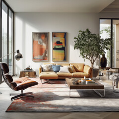 A modern living room featuring a comfortable seating area, a bar cart, and an area rug 