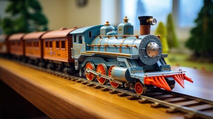 Capturing the charm of an old-fashioned commute, this toy railroad model boasts a locomotive and cars rolling along intricate miniature tracks. - obrazy, fototapety, plakaty