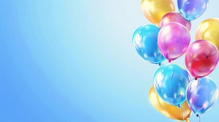 Bunch of watercolor bright balloons on light blue background, space for text. Banner design. Happy Birthday celebration.