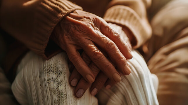 Main sur des mains de personne ag&eacute;e pour la r&eacute;conforter