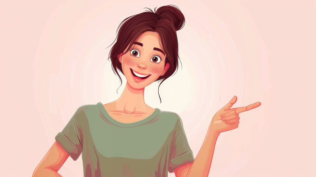 A white woman in a pink shirt, points with her hand to an empty space for a discounted price