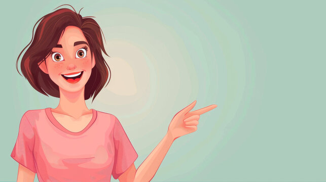 A white woman in a pink shirt, points with her hand to an empty space for a discounted price