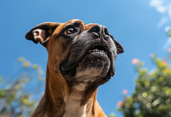 a boxer dog with its front teeth open up in the sun, in the style of aestheticized violence, chaotic academia, darkerrorcore. Boxer dog looking up, clear blue sky background. - obrazy, fototapety, plakaty