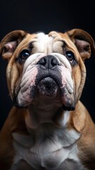 a bulldog close-up portrait looking direct in camera with low-light. English Bulldog puppy looking up, black background