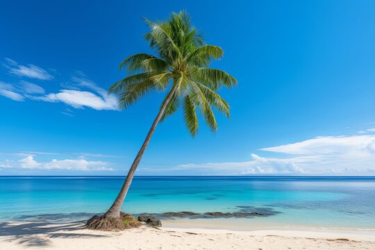 Summer holiday vacation and Maldives island sea tropical beach with palm tree in blue sky background