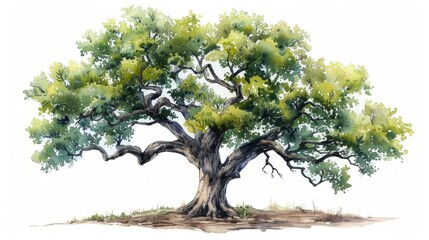 Hand-Drawn Watercolor Illustration of Deciduous Oak Tree Generative AI - obrazy, fototapety, plakaty