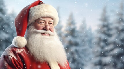 Cheerful Santa Claus is snowing outside with spruce trees growing in the background.