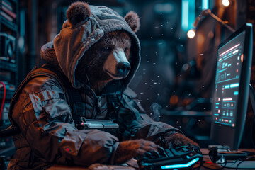 Obraz premium Cybernetic Russian Bear controls an advanced console in a neon-lit command center