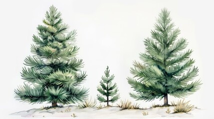 Hand-drawn Watercolor Illustration of Spruces and Pine Tree Generative AI