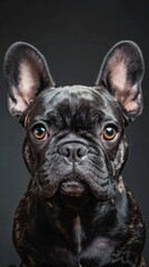 french bulldog close-up portrait looking direct in camera with low-light, black backdrop. French Bulldog with attentive eyes, close-up