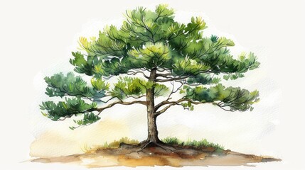 Watercolor Sketch of a Pine Tree on White Background Generative AI