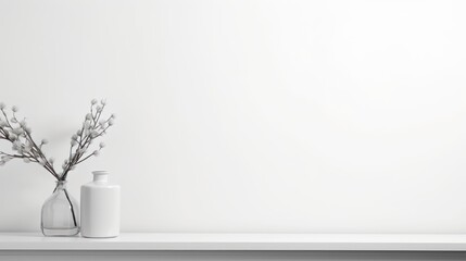 A blank white background with a place for your product on a light wall background and a white flower next to it.