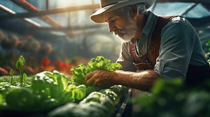 Amidst vibrant greenery, an aged farmer in a hat tends to organic crops, embodying sustainable farming in a sunlit greenhouse. - obrazy, fototapety, plakaty