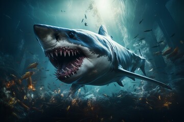 Majestic megalodon. enigmatic deep ocean encounter with a vibrant school of fish