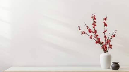 Light wall with red flowers, blank white background with place for your products