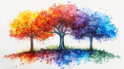 Obraz na płótnie Canvas Vibrant Rainbow-Colored Tree on White Watercolor Background Generative AI