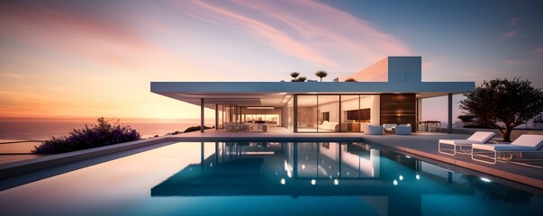Luxurious Getaway: A Modern Minimalist Villa with Pool at Sunset. Concept Luxury Accommodation, Sunset Views, Private Pool, Modern Design, Minimalist Decor