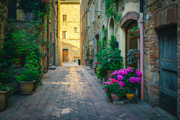 Fototapeta na wymiar Cozy narrow street decorated with flowers and green plants, Italy