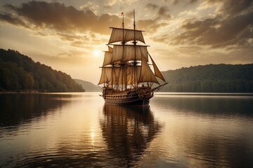 Obraz premium Ship with golden sails sailing on the rippling water