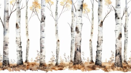 Seamless Border with Trunks of Birch Trees on White Background in Watercolor Style Generative AI