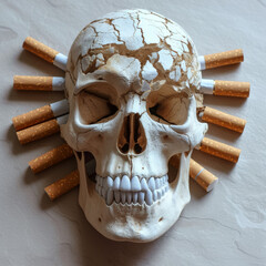 Smoking harm concept. Human skull surrounded by cigarettes.