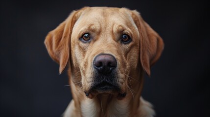a Labrador Retriever close-up portrait looking direct in camera with low-light, black backdrop - obrazy, fototapety, plakaty