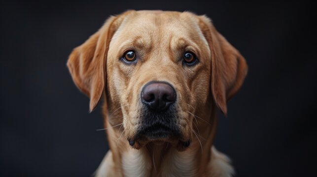 a Labrador Retriever close-up portrait looking direct in camera with low-light, black backdrop