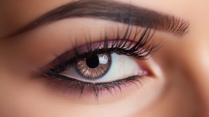A stunning macro shot showcases a female eye with exceptionally long eyelashes and precise black liner makeup, emphasizing perfect makeup application and long lashes, in a fashion-forward visage. - obrazy, fototapety, plakaty