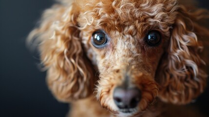 a Poodle close-up portrait looking direct in camera with low-light, black backdrop. Cute apricot poodle against dark background.