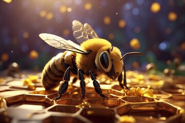 Bee on honeycombs with honey - obrazy, fototapety, plakaty