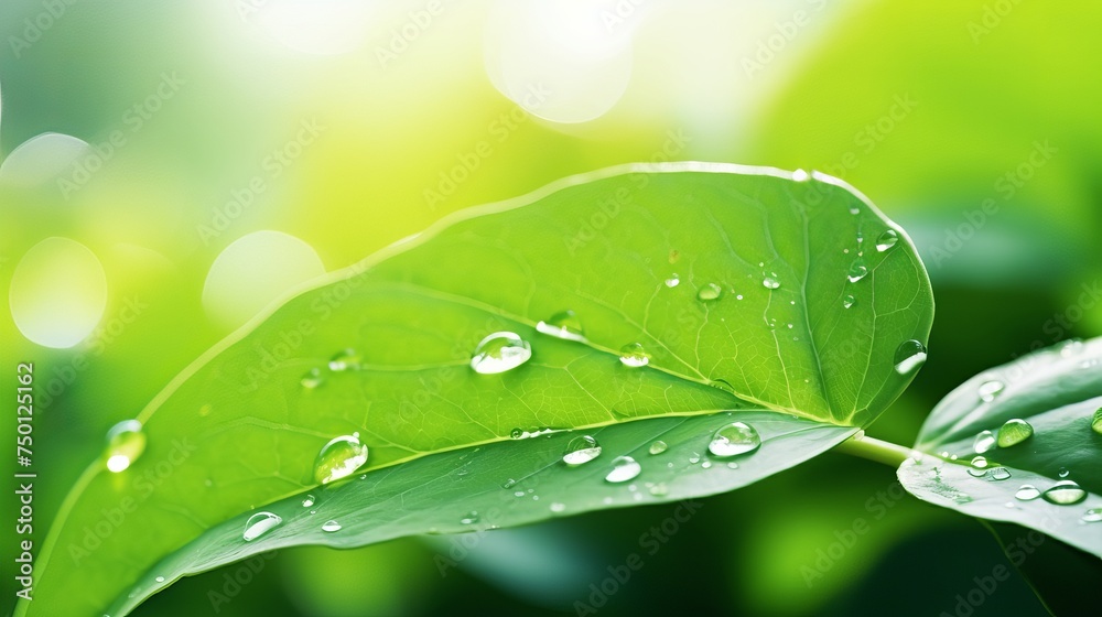 Wall mural A water droplet falls from a green leaf against a summer backdrop.