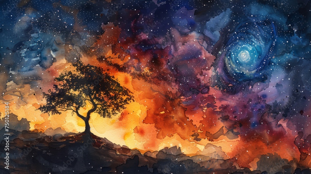 Wall mural space tree in watercolor generative ai